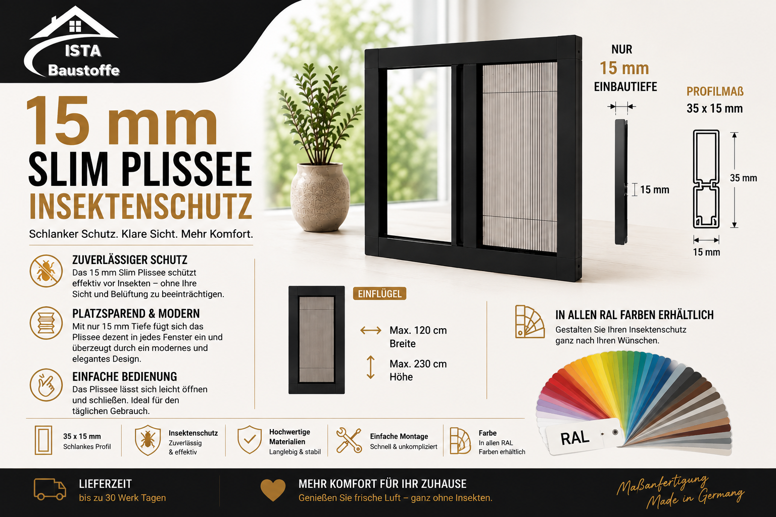15 mm Slim Plissee Insektenschutz Einflügel
